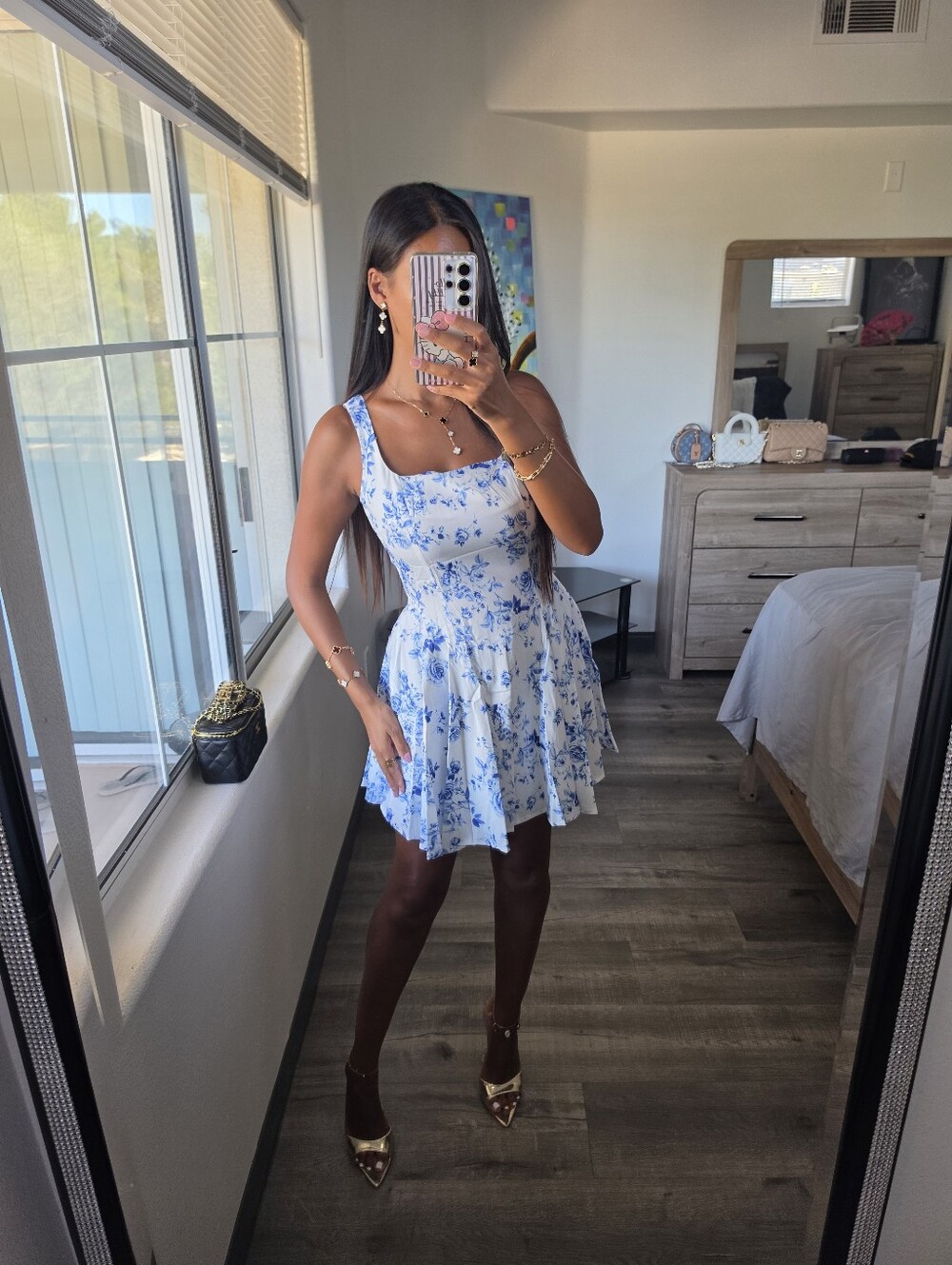 White Mini Dress with Blue Floral Print - Picture 11 of 13